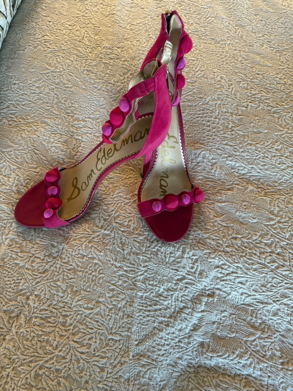 Sam Edelman Fuchsia Ruffle-Strap Block Heels